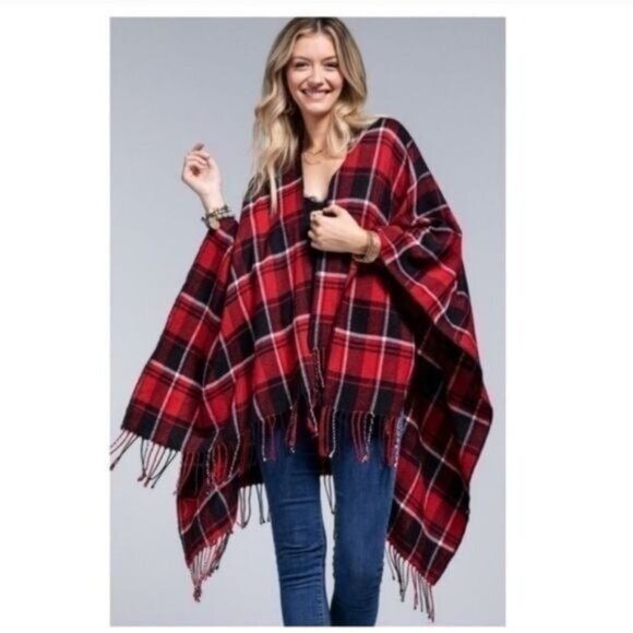 Red & Black Plaid Fringe Open Poncho Wrap Shawl-NEW - Picture 1 of 7